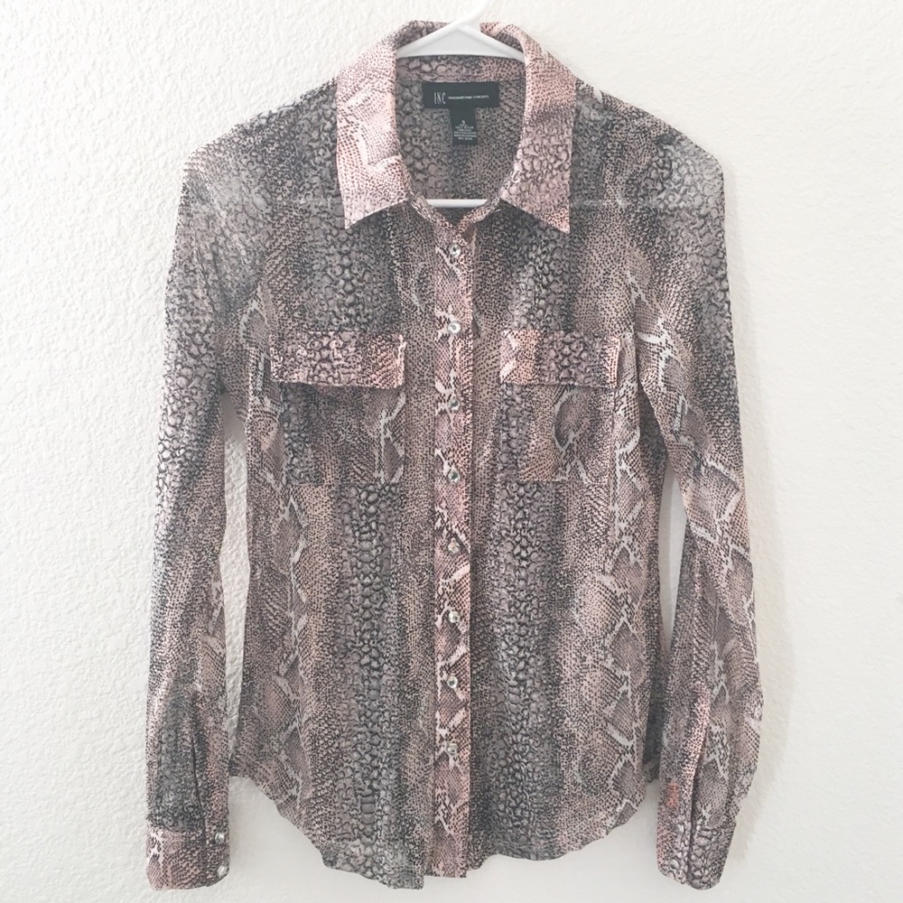 INC Internationals Pink Black Snakeskin Button Top